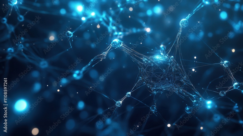Poster abstract neural network connection glowing blue nodes and interconnected lines - technology, science