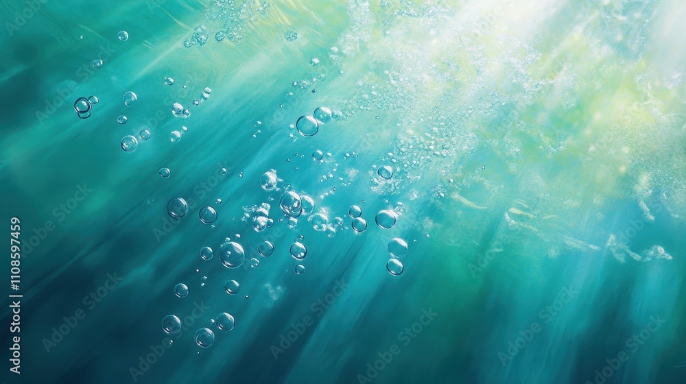 Poster abstract teal underwater scene with bubbles and light rays high-resolution stock photo for backgroun
