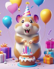 Birthday hamster with balloons and cake cartoon 
