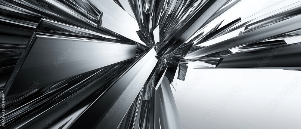 Poster abstract 3d render of chrome metal fragments exploding geometric shapes, silver and grey metallic te