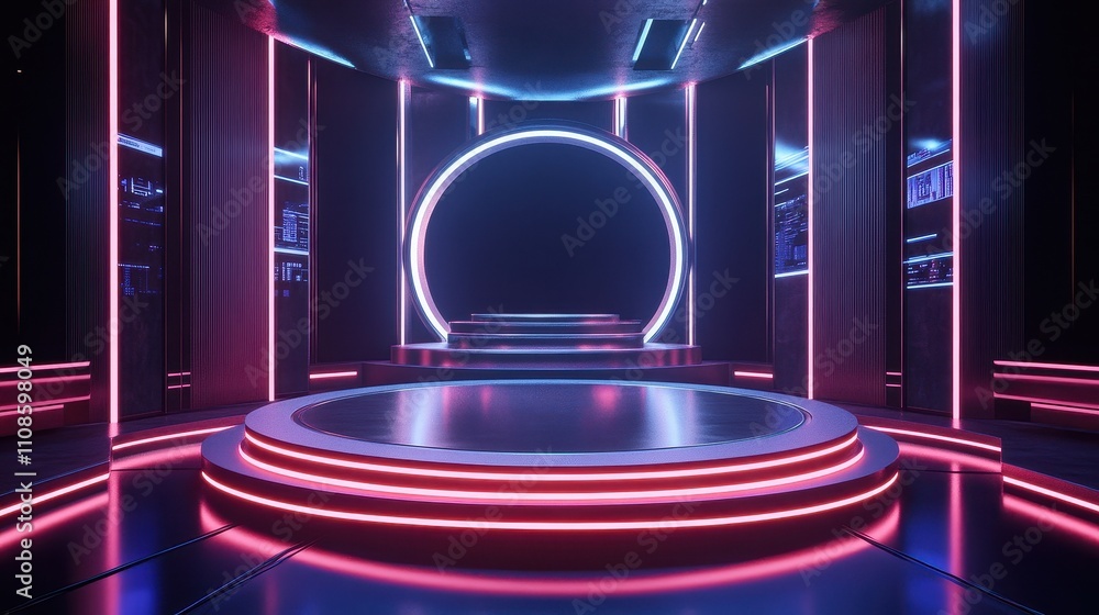 Poster futuristic neon stage with circular platform and digital displays 3d render of modern sci-fi archite