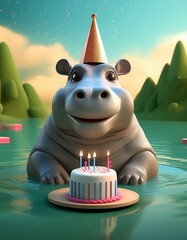 Hippo birthday with balloons and cake cartoon 