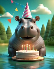 Hippo birthday card with balloons and cake cartoon 