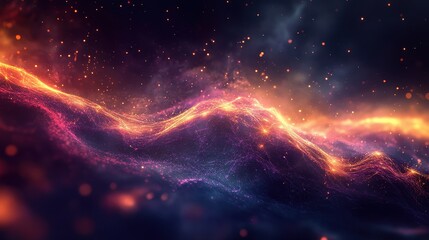 Fototapeta premium Abstract Glowing Nebula Background Cosmic Landscape with Fiery Orange and Pink Hues, Sparkling Particles and Dark Space