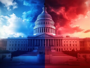Obraz premium United States Capitol Building Divided Nation, Political Conflict, Blue vs Red, Dramatic Sky, Conceptual Image
