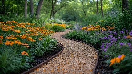 Obraz premium Garden Path with Orange and Purple Flowers