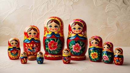 An intricate rendering of a traditional Russian Matryoshka doll set, glowing with vibrant colors and delicate floral patterns, arranged against a soft textured background.

