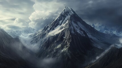 Majestic Snow-Capped Mountain Peak Soaring Above Dramatic Cloudscape Epic Landscape Photography