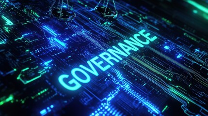 Futuristic Governance Scales of Justice on a Glowing Circuit Board - Abstract Digital Concept