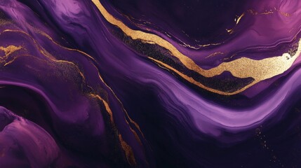 Obraz premium Abstract Purple and Gold Marble Texture Luxury Fluid Art Background with Swirling Design and Golden Glitter for Print, Wallpaper, and Design Projects.