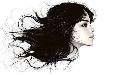 Young woman with magical hair outline only, silhouette, girl, woman, hairstyle, vector
