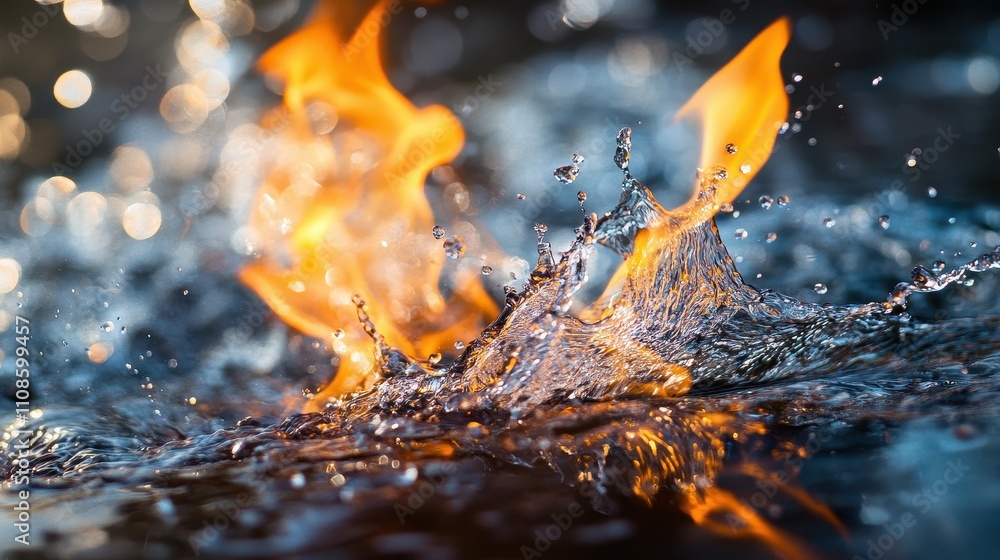 Poster abstract fire and water collision dynamic splash and flame macro photography