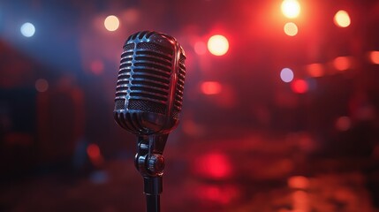 A shiny chrome microphone on a stage with a blurred spotlight background, perfect for performance...