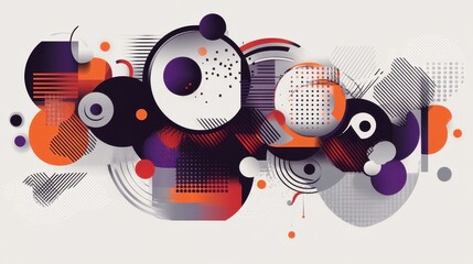 Obraz premium Abstract Geometric Composition Vibrant Orange, Purple, and Gray Circles, Lines, and Dots - Modern Art Background
