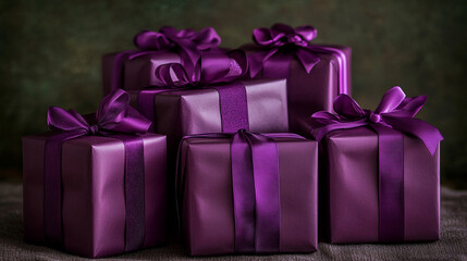Obraz premium Elegant purple gift boxes arranged in a decorative display for special occasions
