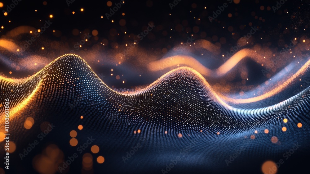 Poster abstract 3d render of glowing particle wave futuristic digital background with orange and blue hues