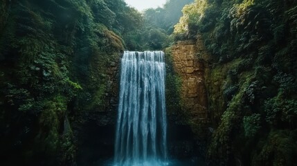 Majestic Waterfall Cascading Through Lush Rainforest Aerial View of Serene Nature Scene