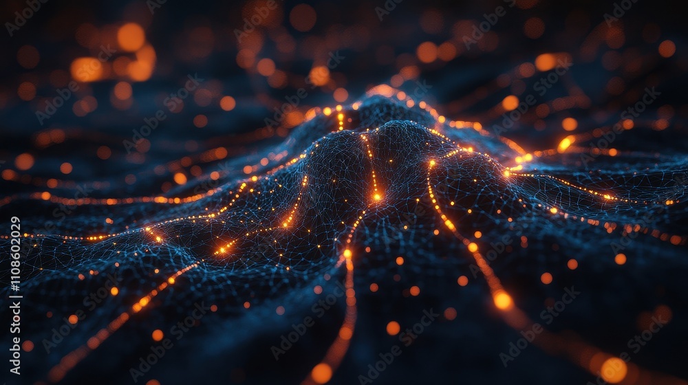 Poster abstract 3d render of illuminated network mesh, glowing nodes and lines forming a hilly landscape, d