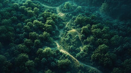 Fototapeta premium A serene aerial view of a lush green forest. Winding paths cut through the trees. This image captures the beauty of nature. A perfect escape into tranquility. Generative AI