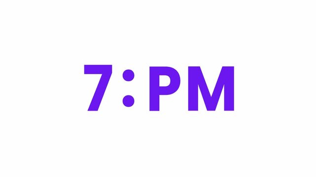 7 PM Animated Text. Alpha matte with transparent background 4K resolution.