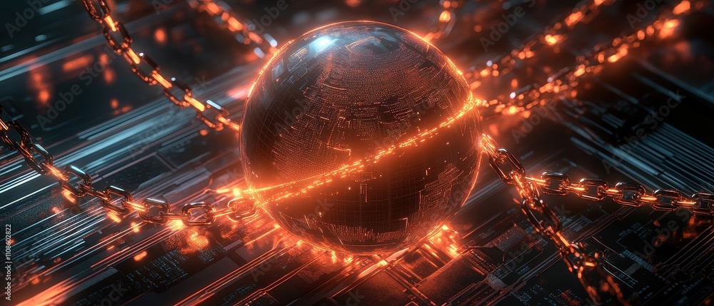 Poster Glowing Orange Sphere Entangled in Chains on Futuristic Circuit Board - Abstract Technology and Security Concept.