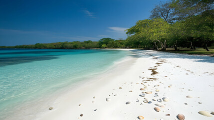 Obraz premium Idyllic tropical beach with white sand, turquoise water, and lush greenery under a bright blue sky.