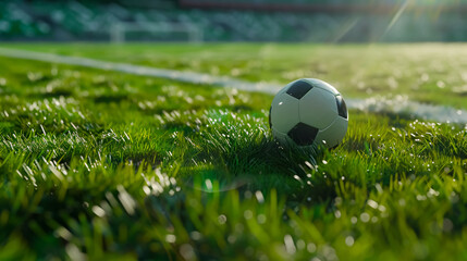 A ball on the green field in a soccer stadium, ready for a game. Close-up of a soccer ball at the penalty area.