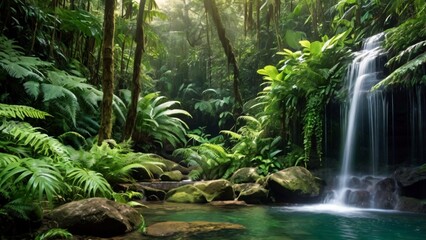 Fototapeta premium A vibrant rainforest with a waterfall cascading into a pool, surrounded by rich green foliage and a peaceful, natural atmosphere.