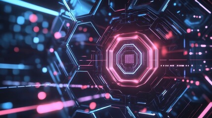 Abstract Futuristic Neon Tunnel Pink and Blue Glowing Lines, Hexagonal Structure, Digital Technology Background