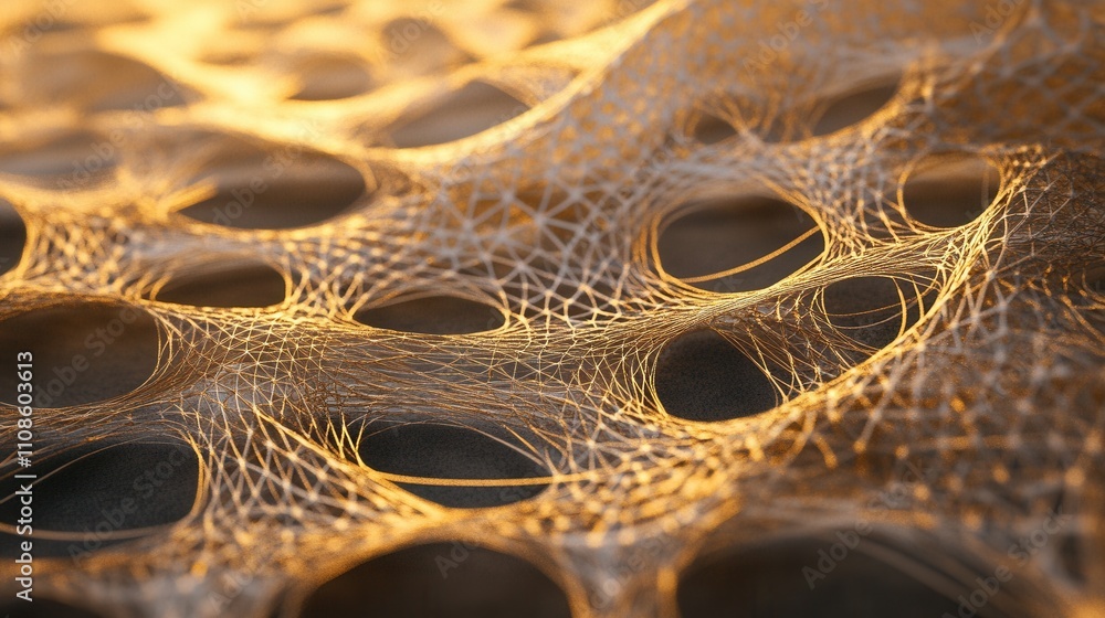 Aufkleber abstract golden network intricate web-like structure with interconnected nodes, close-up macro photo