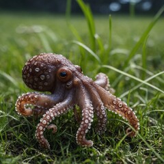 Obraz premium A small octopus crawling awkwardly on grass.