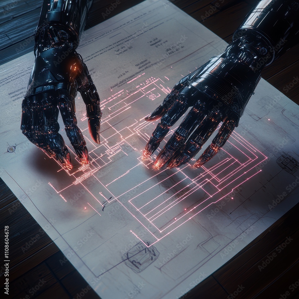 Poster futuristic robotic hands interacting with glowing circuit diagram on blueprint - sci-fi technology c