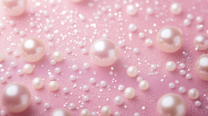 Beautiful arrangement of various pearls on a soft pink surface