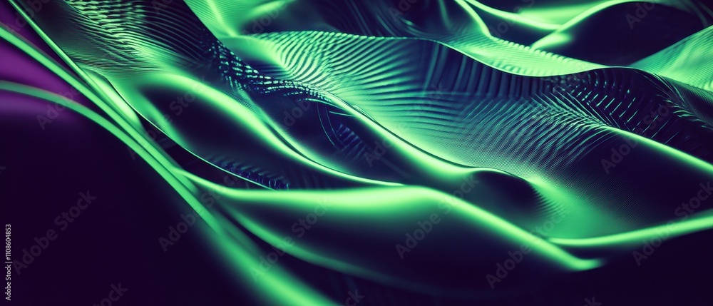 Poster abstract green and purple wavy texture high-resolution 3d render of fluid, flowing, dynamic surface 
