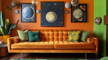 A modern plush couch sits beneath vintage space-themed artwork. The room bursts with bright orange and green accents.