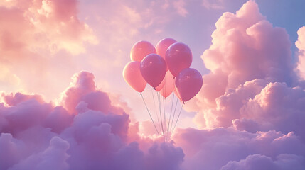 Obraz premium Colorful balloons float among cotton candy clouds at sunset