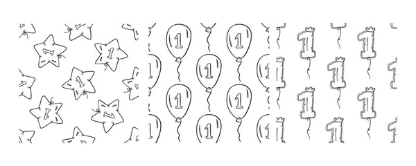 Set of three seamless doodle patterns with balloons featuring the number 1 in star, oval, and rectangular shapes