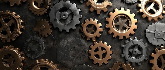 Intricate Golden and Silver Gears on Dark Background Machinery, Technology, and Teamwork Concept Stock Photo