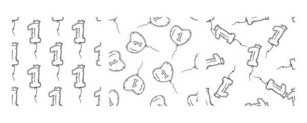 Set of three doodle-style balloon patterns showcasing the number 1 in numeric, heart, and creative shapes
