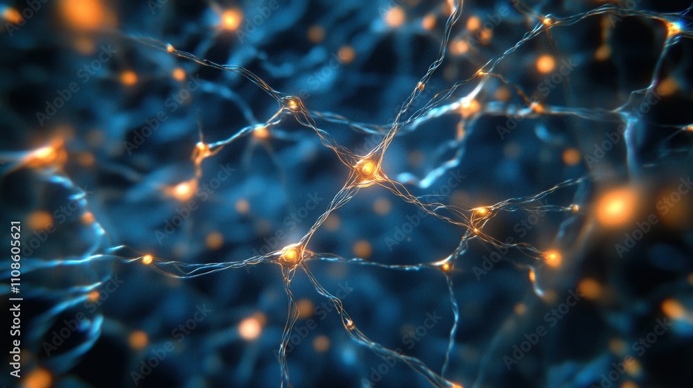 Poster microscopic view of neural network abstract glowing neuron connections in deep blue background - sci