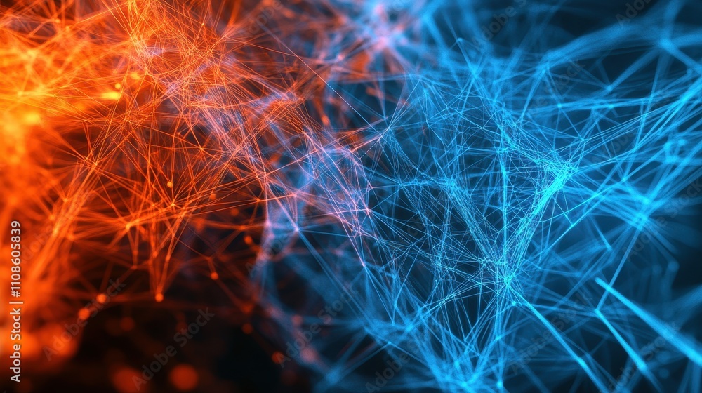 Poster abstract network connection futuristic orange and blue plexus background for technology, data, and c