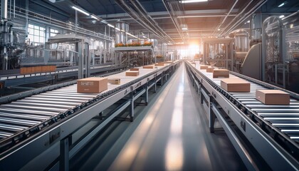 Obraz premium 자동화된 생산 라인 위에서 움직이는 컨베이어 벨트와 제품들의 윤곽