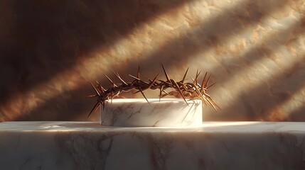 Naklejka premium A powerful depiction of a thorn crown resting on a marble pedestal, evoking themes of sacrifice and reverence.