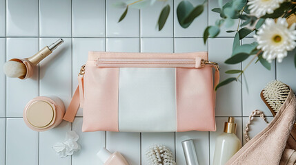 Bath Accessories and Toilet Bag: Bath accessories and a toilet bag for different self-care items, isolated on a white background, emphasizing personal grooming and care.