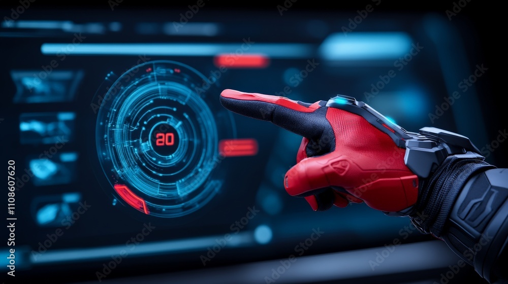 Poster digital interface interaction: a close-up shot of a futuristic red robotic hand interacting with a d