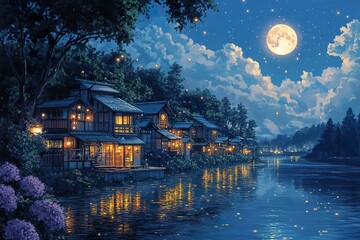 Fototapeta premium Serene Moonlit Village Beside Tranquil Water