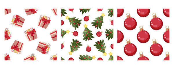 Set of three seamless patterns in flat style with Christmas gifts, decorated trees, and red baubles