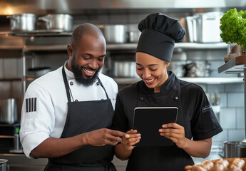 Two smiling chefs review a tablet in a kitchen setting, possibly reviewing an online recipe or order. The image is one of several used for marketing on a website