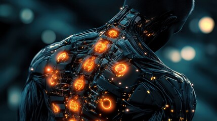 Conceptual depiction of bio-sensor arrays integrated with human anatomy, glowing sensors mapping internal processes, futuristic aesthetic