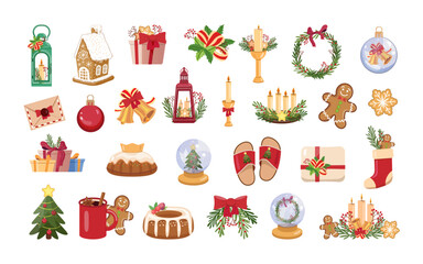 Flat style Christmas element set with festive decorations, holiday icons, and winter-themed items